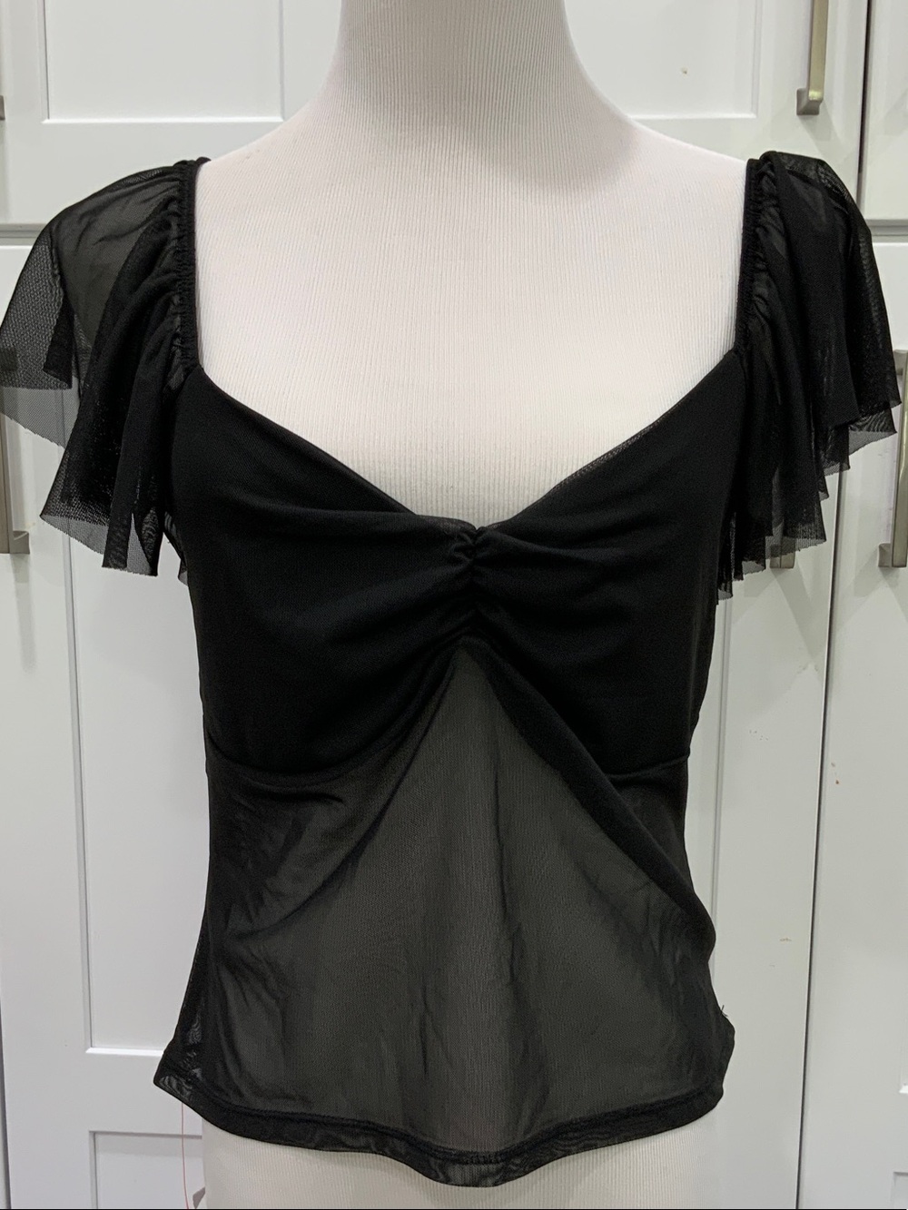 ASOS Black Mesh Sweetheart Neck Puff Sleeve Top